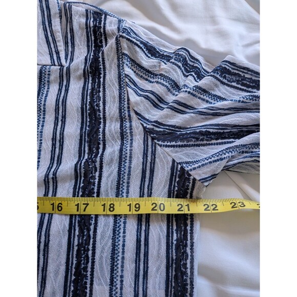 Chicos Travelers Top Womens L/2 Blue Sheer Mesh Button Up Stripe Shirt Coverup - Picture 12 of 13